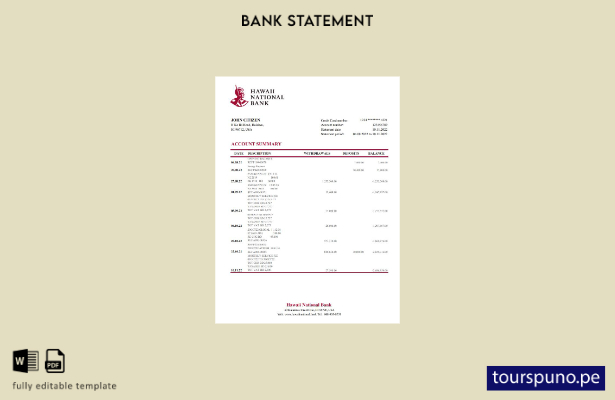 listo para imprimir Plantilla de Excel de extracto bancario nacional de Hawaii H